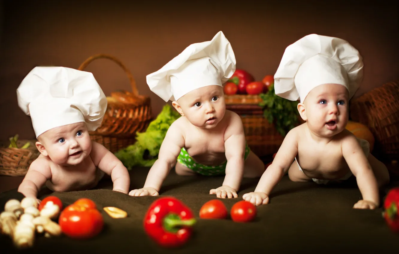 Photo wallpaper children, kids, trio, vegetables, three, cap, basket, cooks