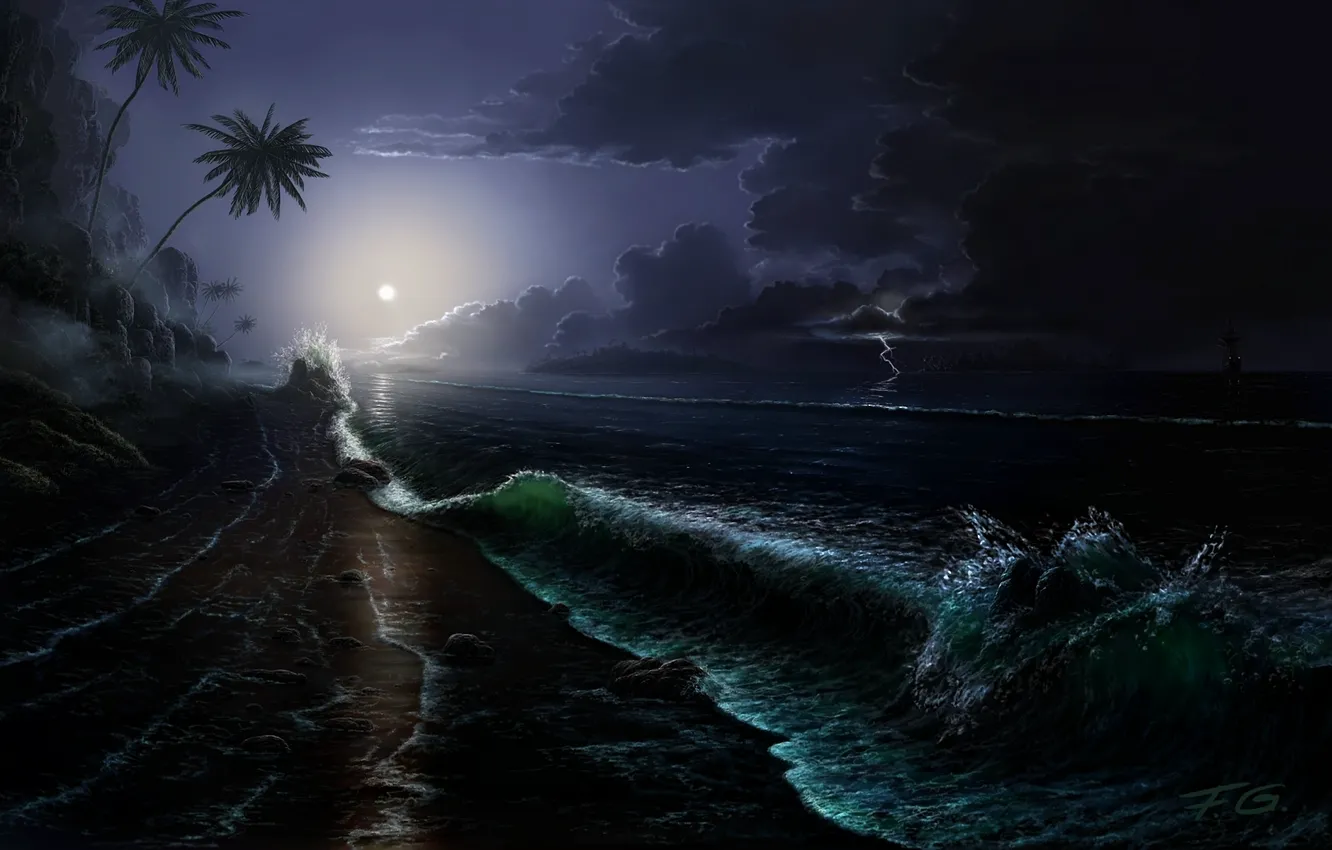 Photo wallpaper sea, wave, night, clouds, stones, palm trees, rocks, the moon