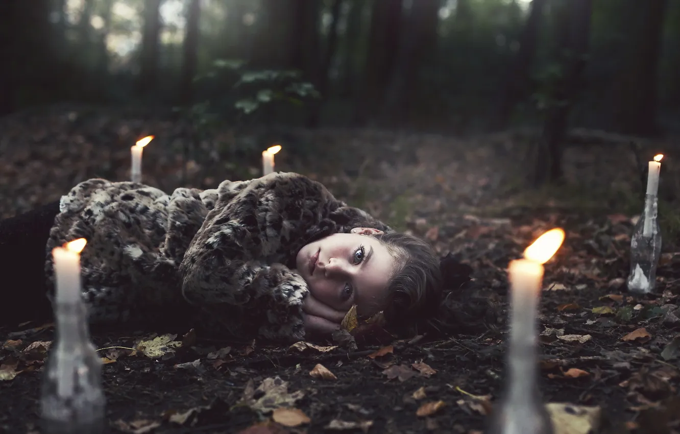 Photo wallpaper forest, girl, the situation, candles