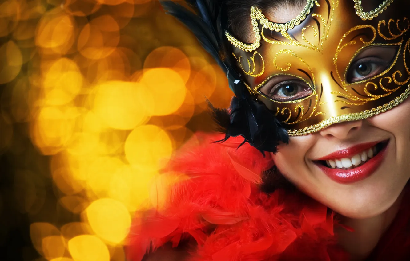Photo wallpaper look, girl, smile, feathers, mask, mystery, brightness
