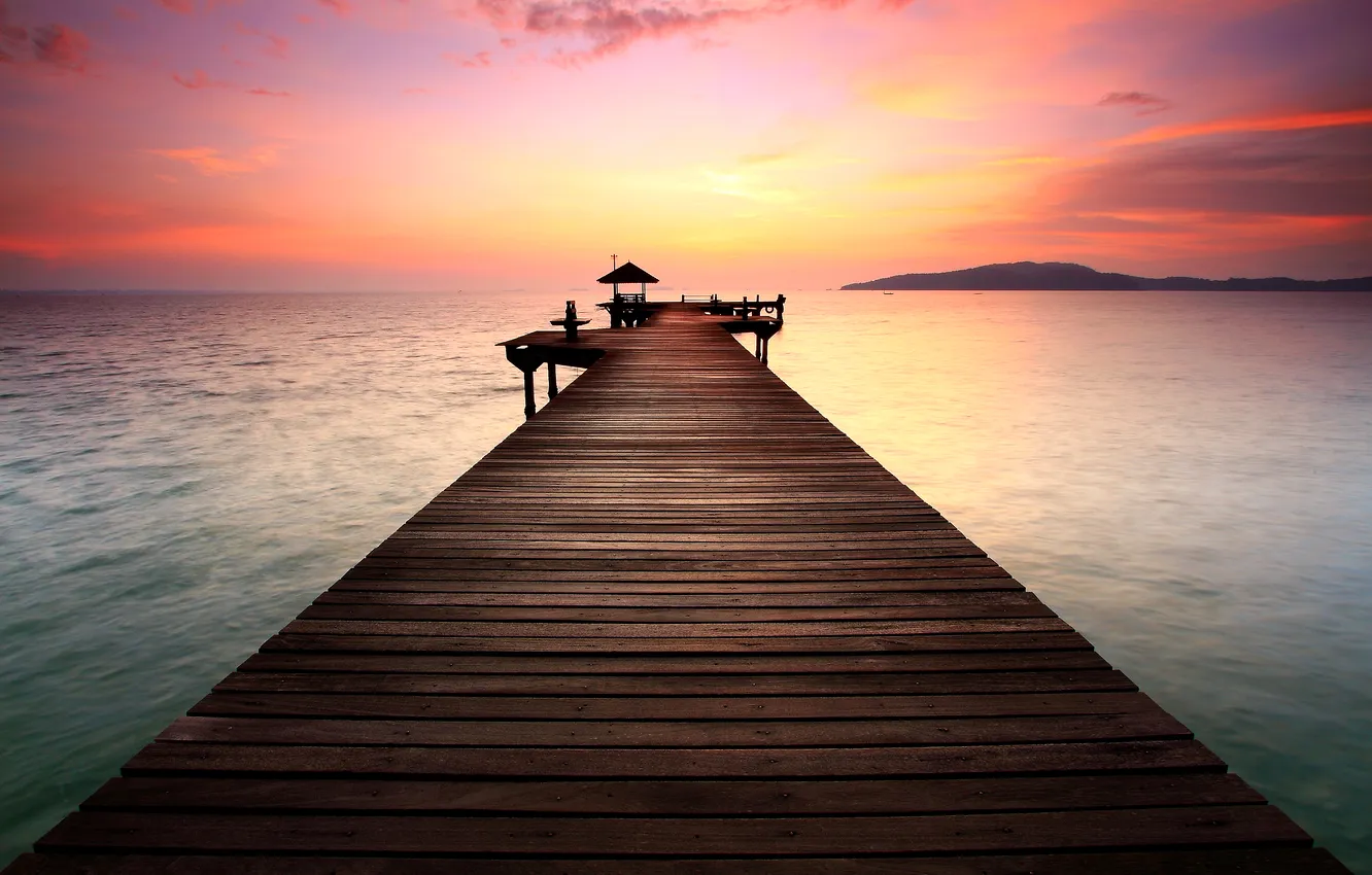 Photo wallpaper sea, sunset, the bridge, gazebo, gazebo, the sea, the sunset, The Bridge