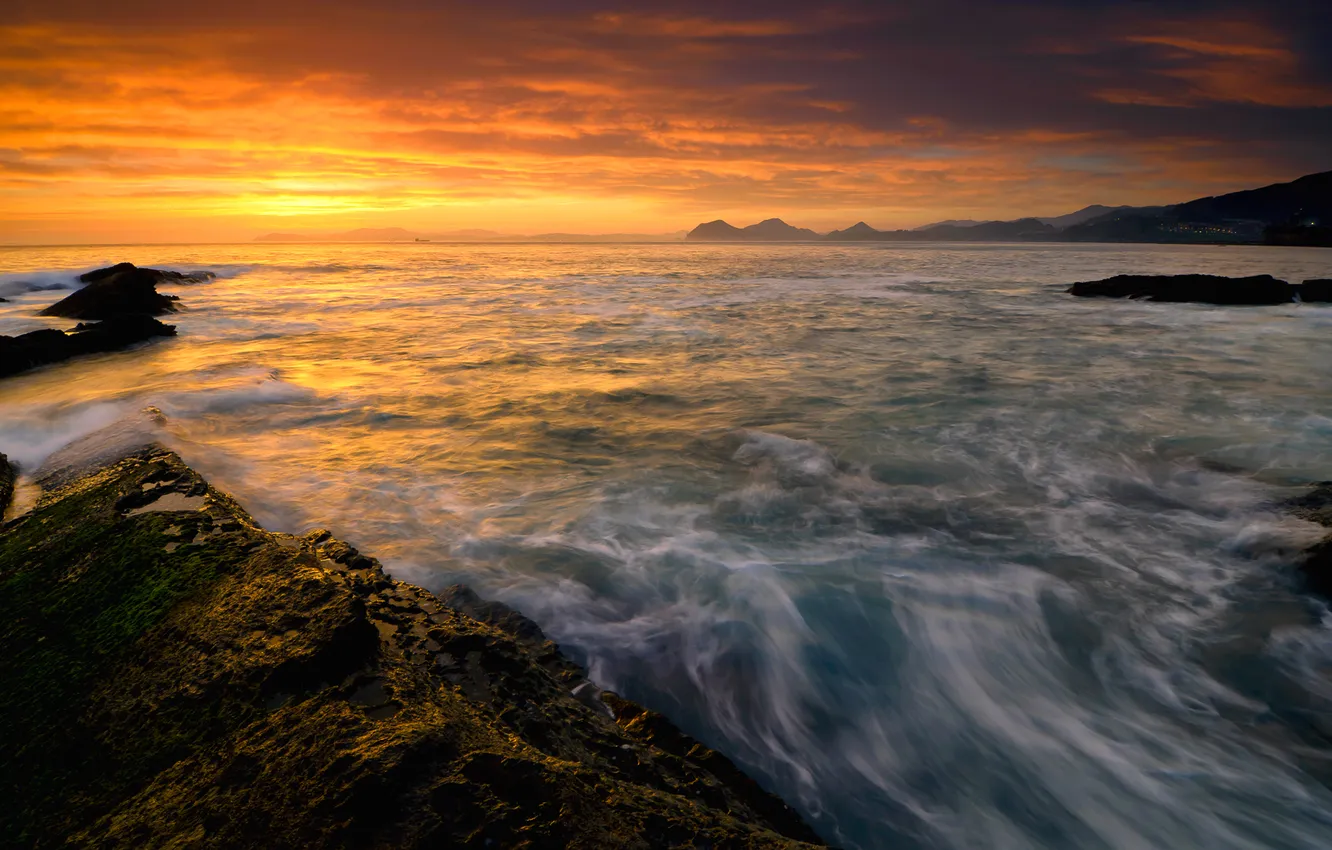 Photo wallpaper sea, the sky, sunset, stones
