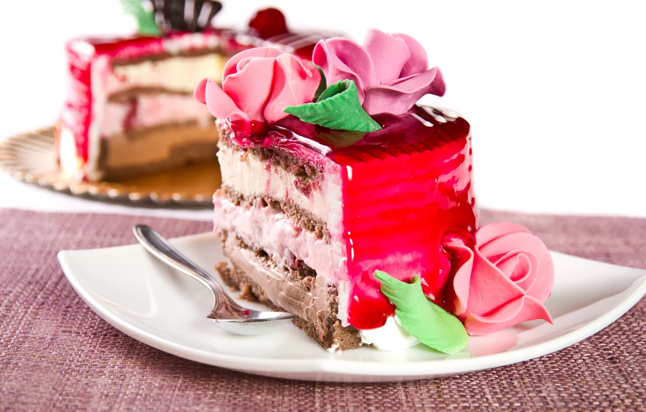 Photo wallpaper pink, chocolate, roses, cake, cream, dessert, jelly, piece