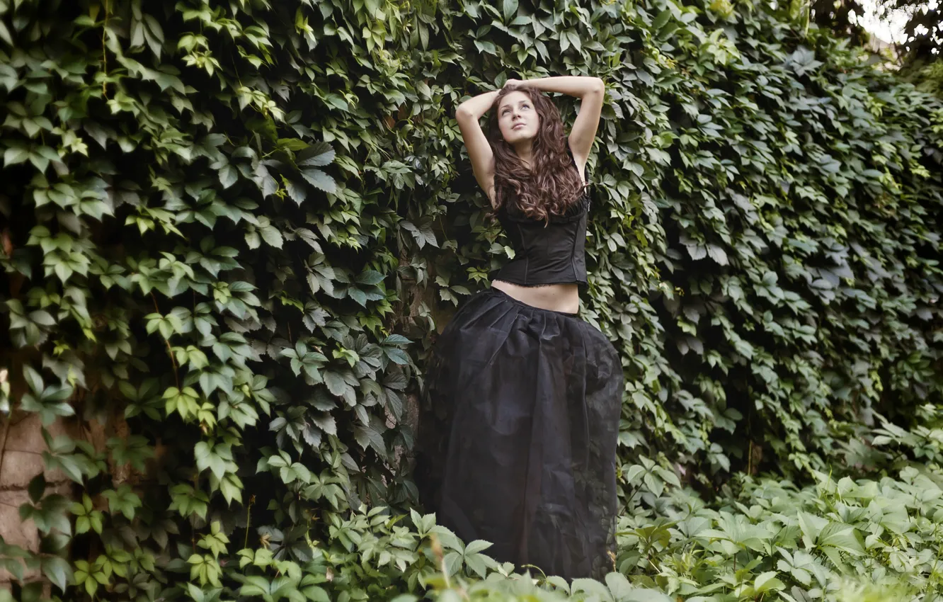 Photo wallpaper girl, wall, plants, brunette, is, in black, posing