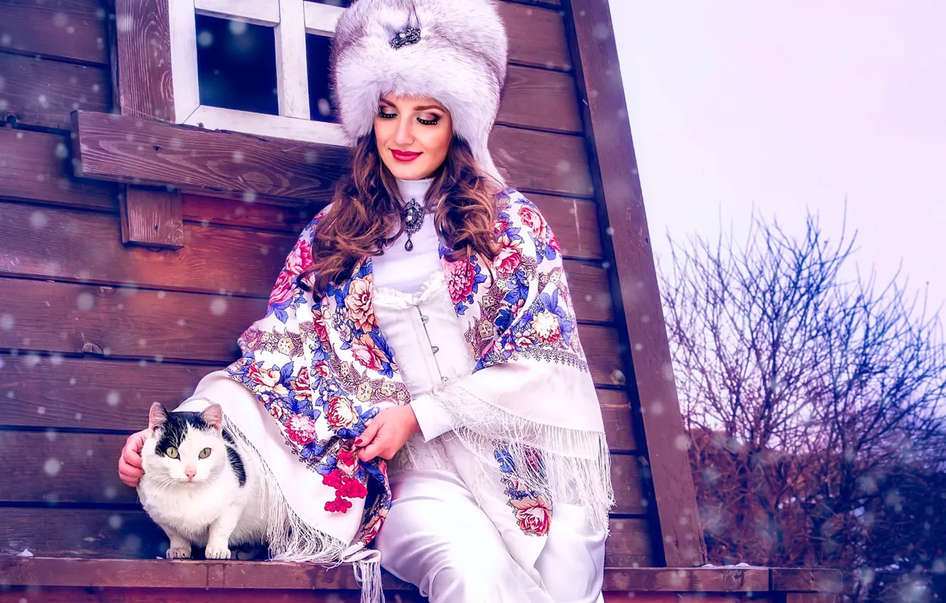 Photo wallpaper winter, cat, girl, snow, hat, shawl, fur, ethno