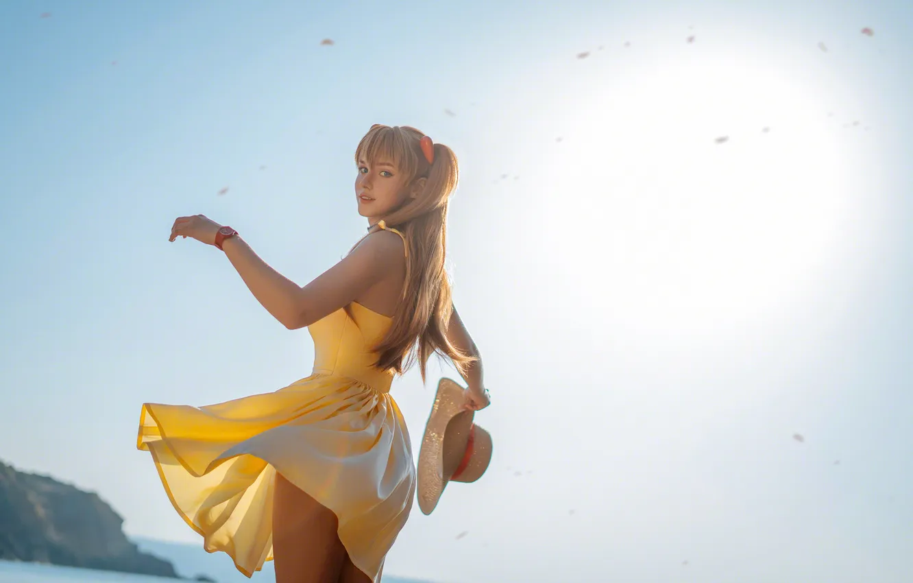 Photo wallpaper girl, beach, Neon Genesis Evangelion, sky, sea, nature, Asuka Langley Soryu, blue eyes