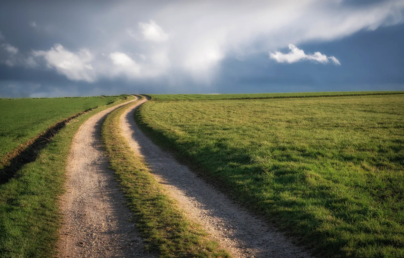 Photo wallpaper road, greens, field, summer, the sky, grass, clouds, the way