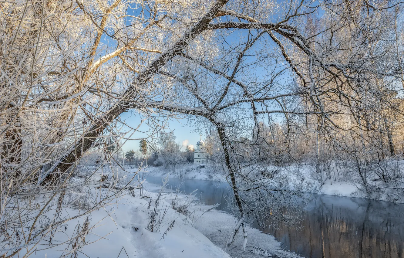 Photo wallpaper winter, snow, trees, landscape, nature, river, temple, Elena Guseva