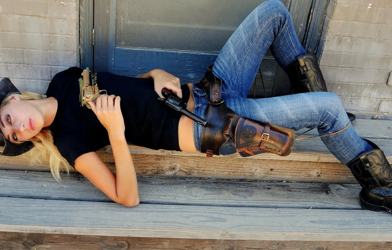 Photo wallpaper girl, cowboy, gun, jeans, boots