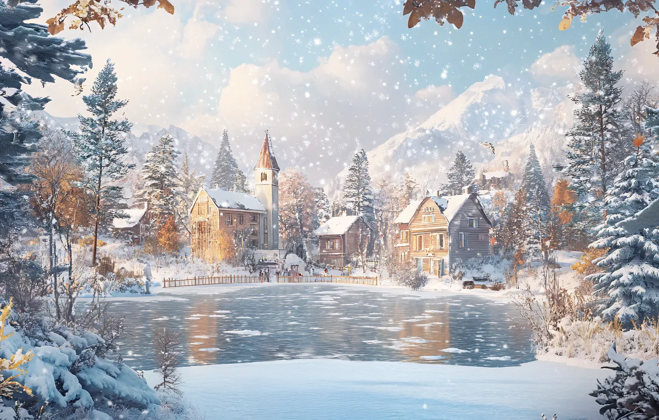 Photo wallpaper winter, frost, clouds, snow, the city, shore, building, home