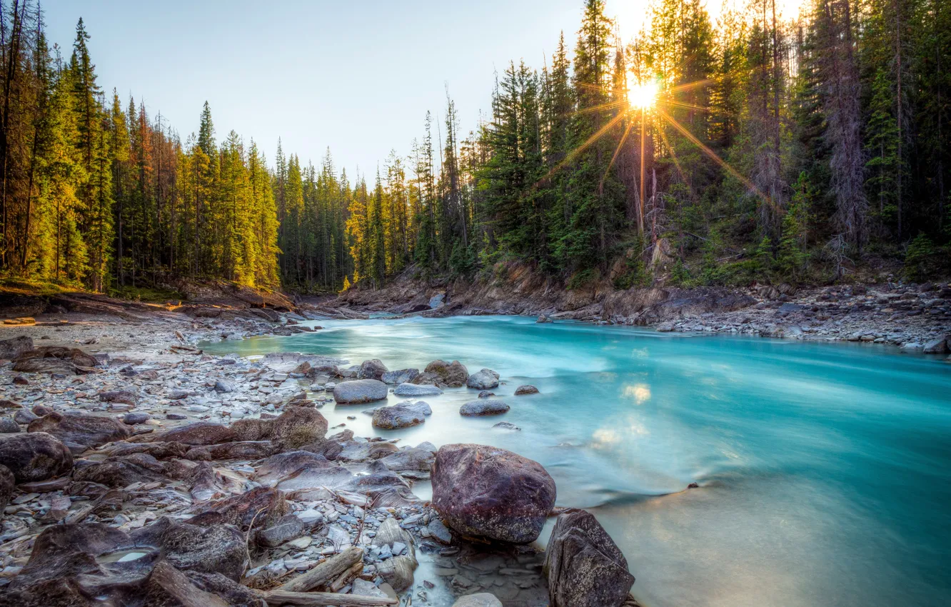 Photo wallpaper forest, rays, landscape, nature, lake, river, stones, Canada