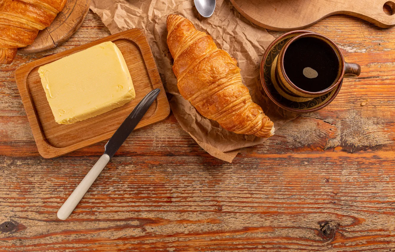 Photo wallpaper Board, oil, coffee, Breakfast, knife, Cup, croissant