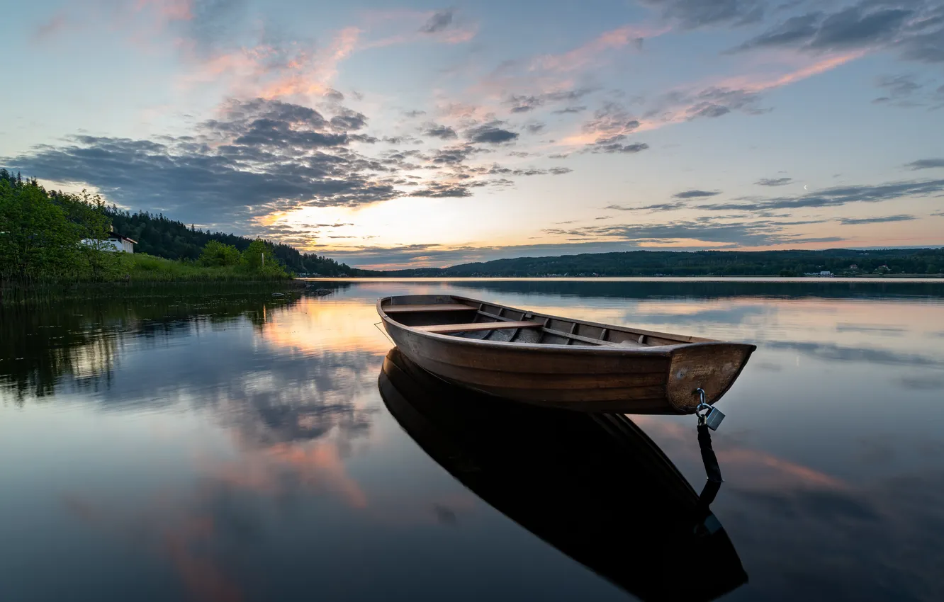 Photo wallpaper forest, the sky, clouds, landscape, sunset, nature, lake, boat