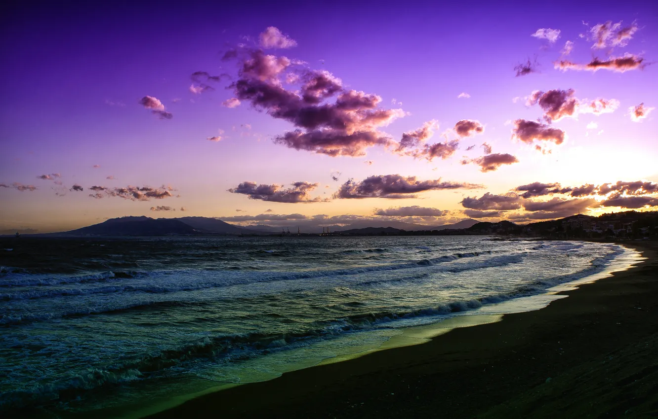 Photo wallpaper sea, wave, beach, clouds, sunset, lilac