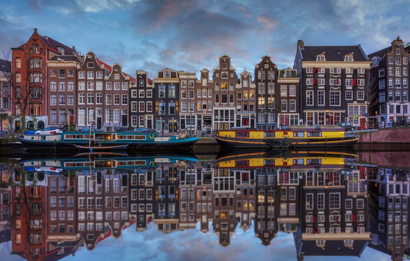 Photo wallpaper water, reflection, home, boats, Amsterdam, Netherlands