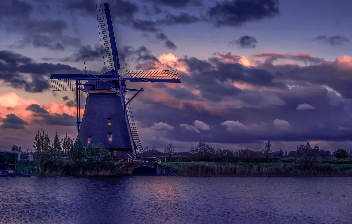 Photo wallpaper clouds, landscape, nature, river, the evening, mill, Netherlands, Holland