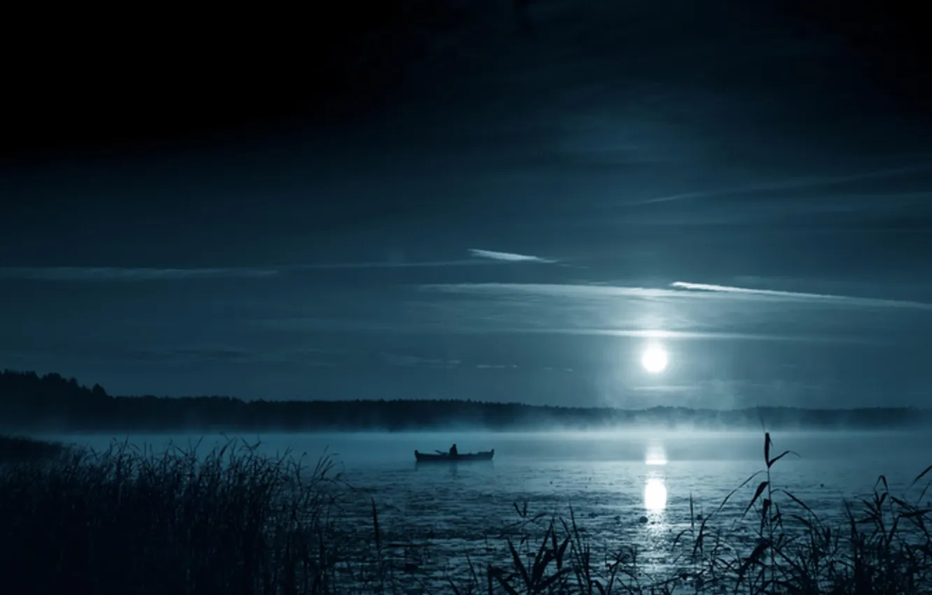 Photo wallpaper the sky, landscape, night, clouds, nature, fog, lake, the moon