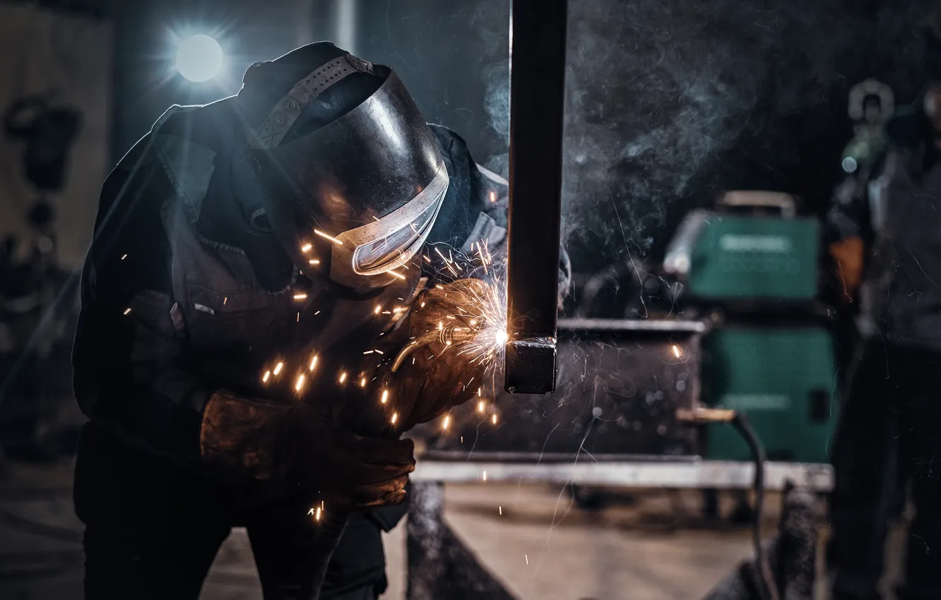 Photo wallpaper sparks, personal protective equipment, welding, metalworker