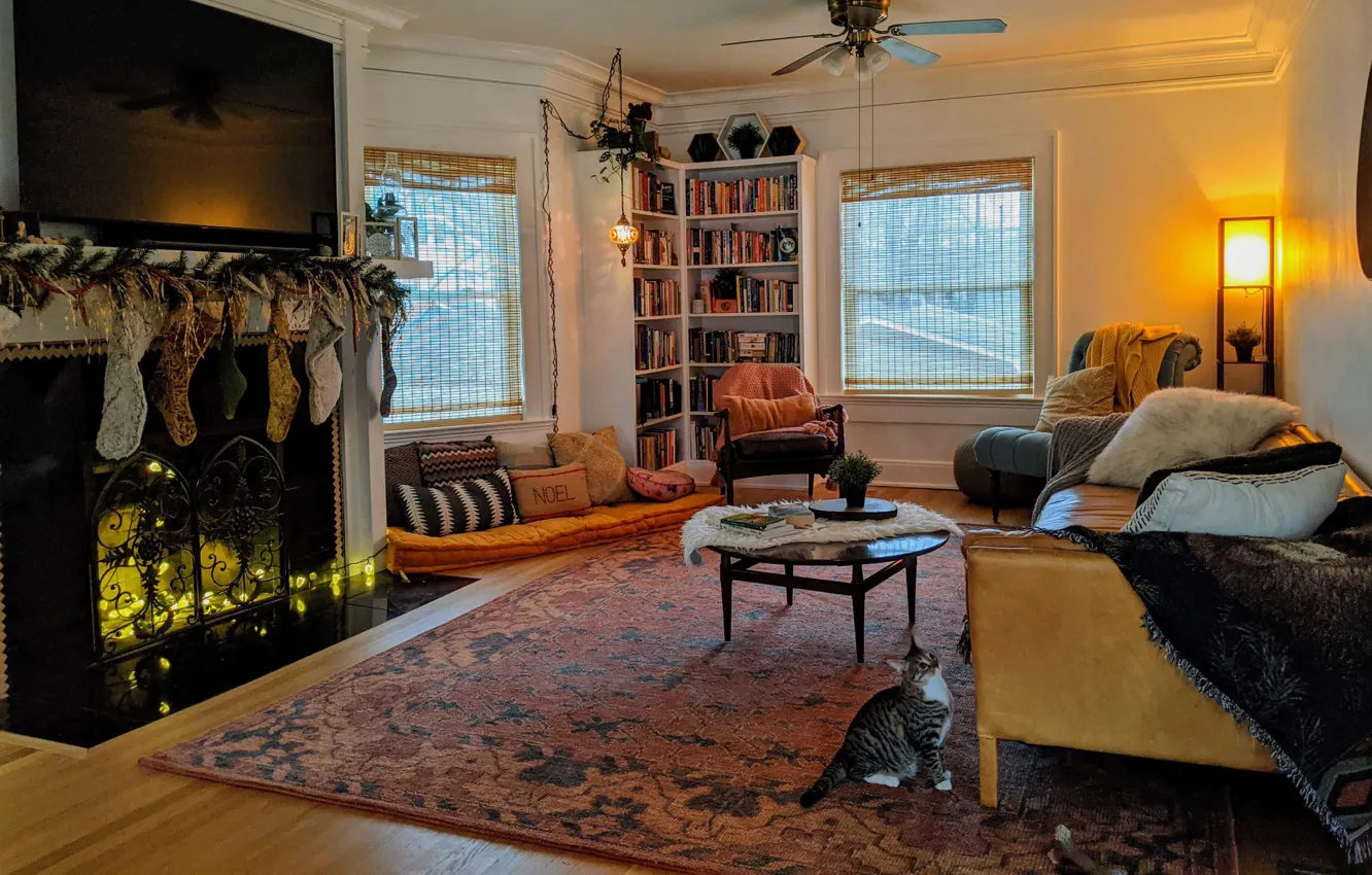 Photo wallpaper heat, new year, interior, Christmas, fireplace, library, living room, Christmas decorations