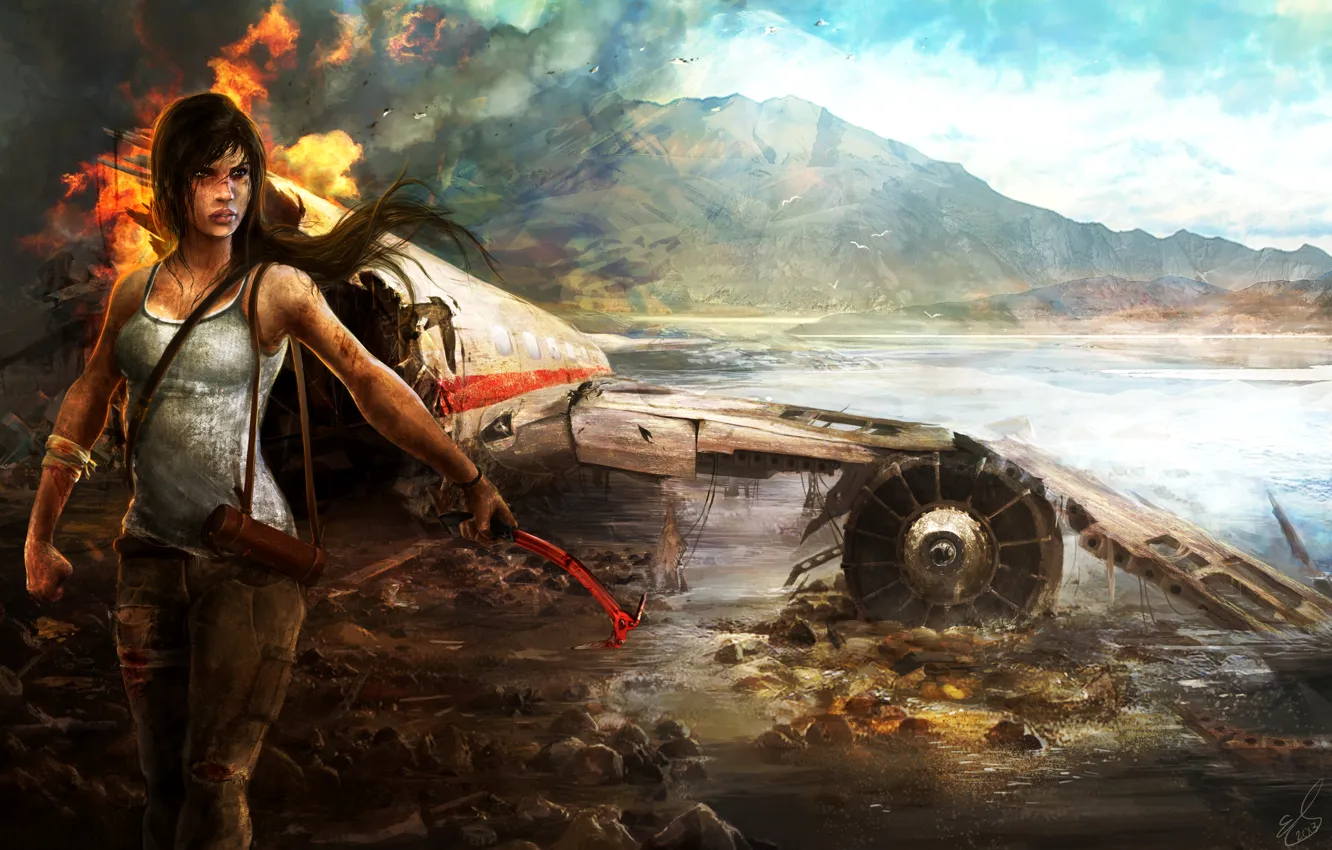Photo wallpaper crash, girl, mountains, the plane, fire, island, Tomb Raider, Tomb raider