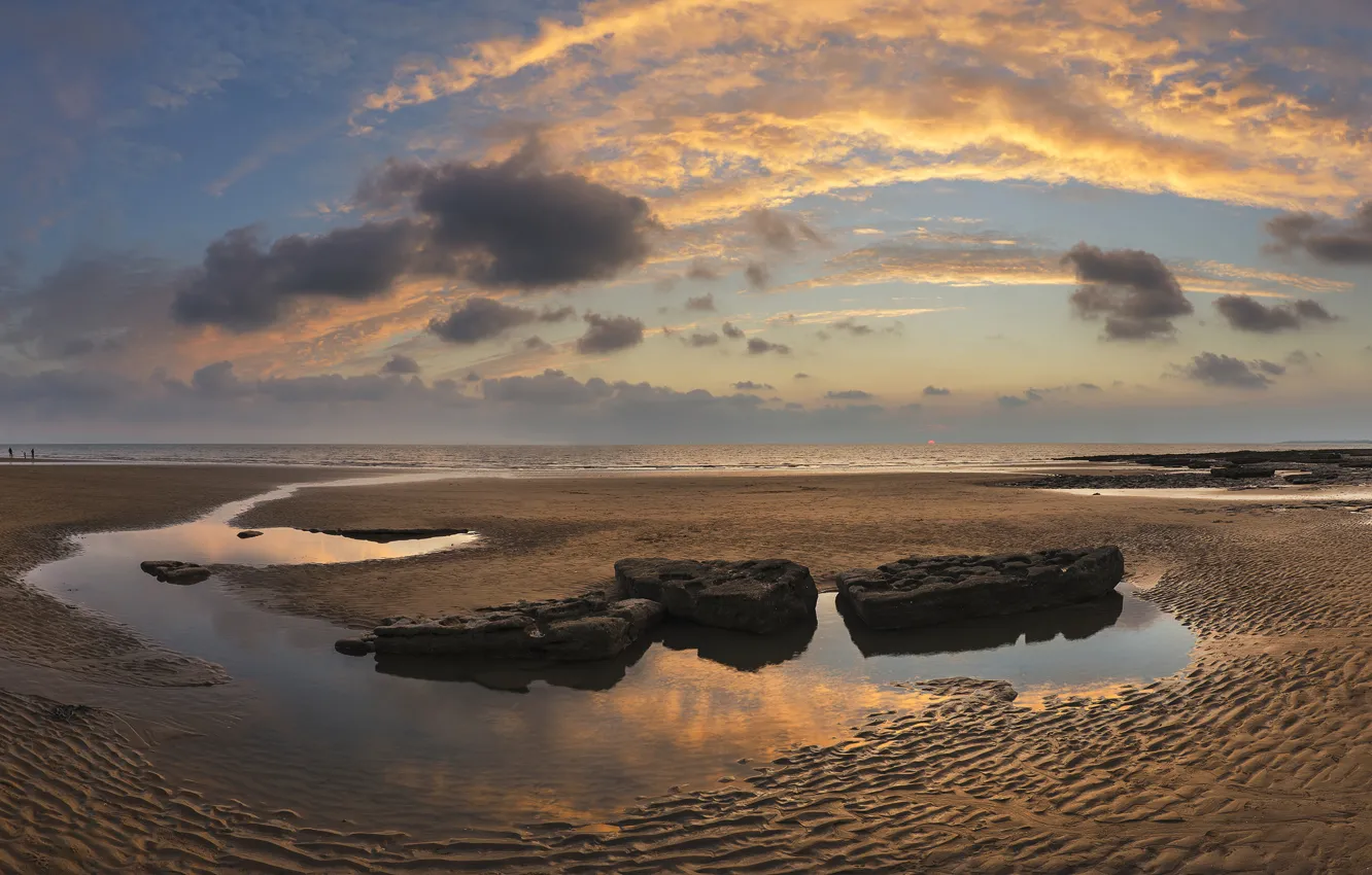 Photo wallpaper sand, sea, beach, the sky, the sun, clouds, stones, dawn