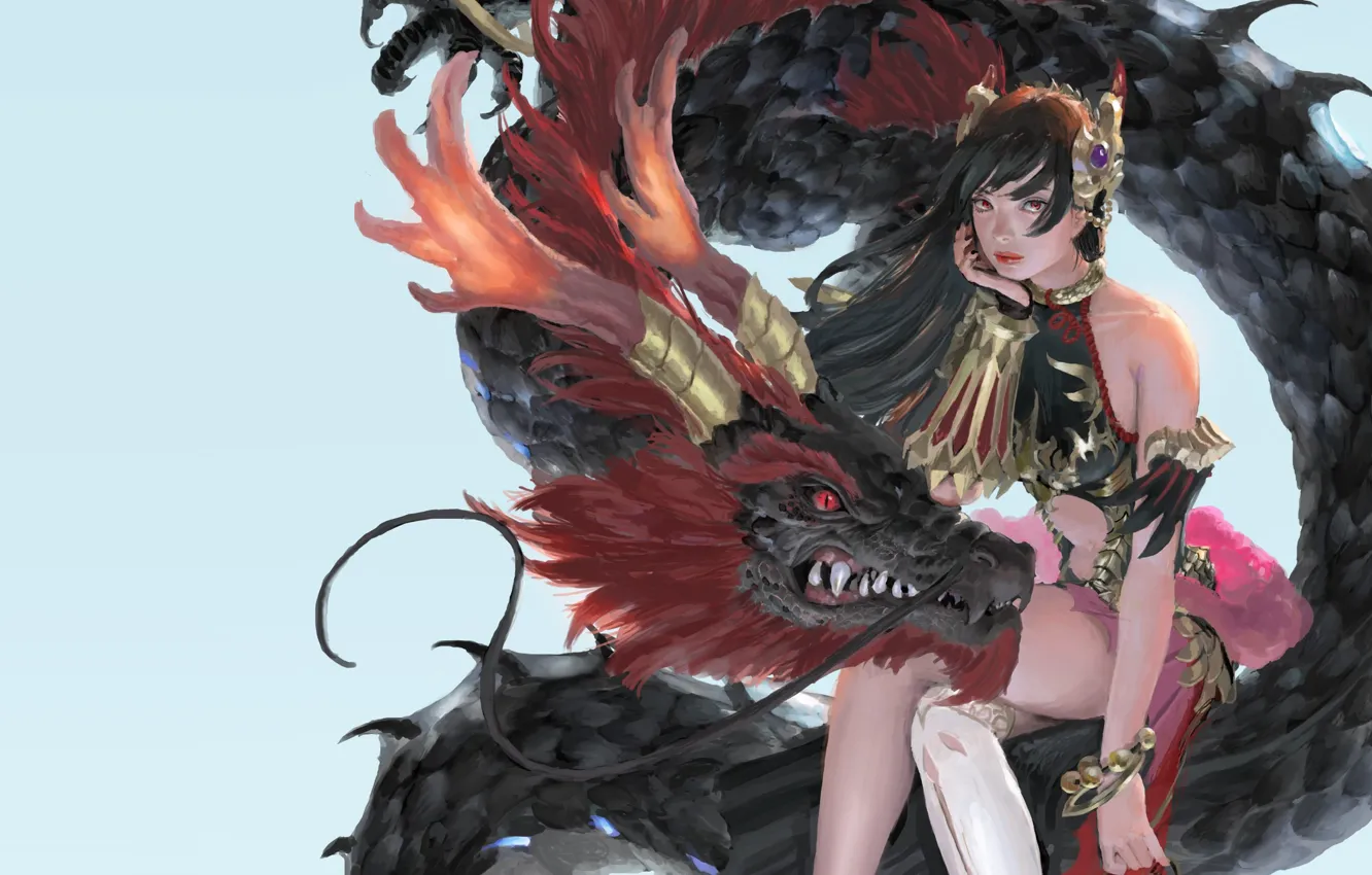 Photo wallpaper girl, dragon, art, fantasy, fragment, Kim Donghae, Sevenknights Fan art