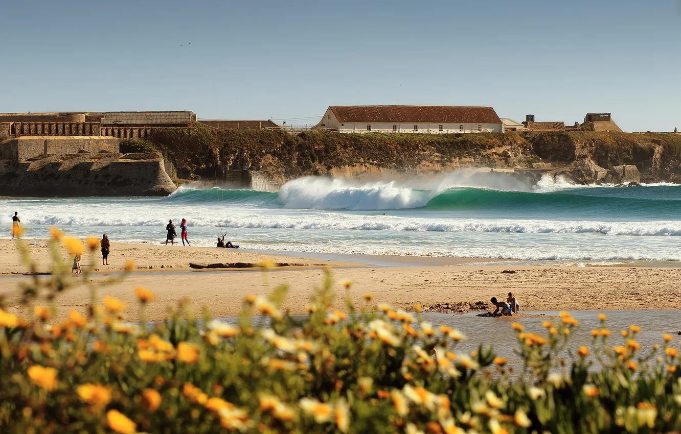 Photo wallpaper wave, beach, flowers, squirt, people, kite, the kitesurfer, kajtbord