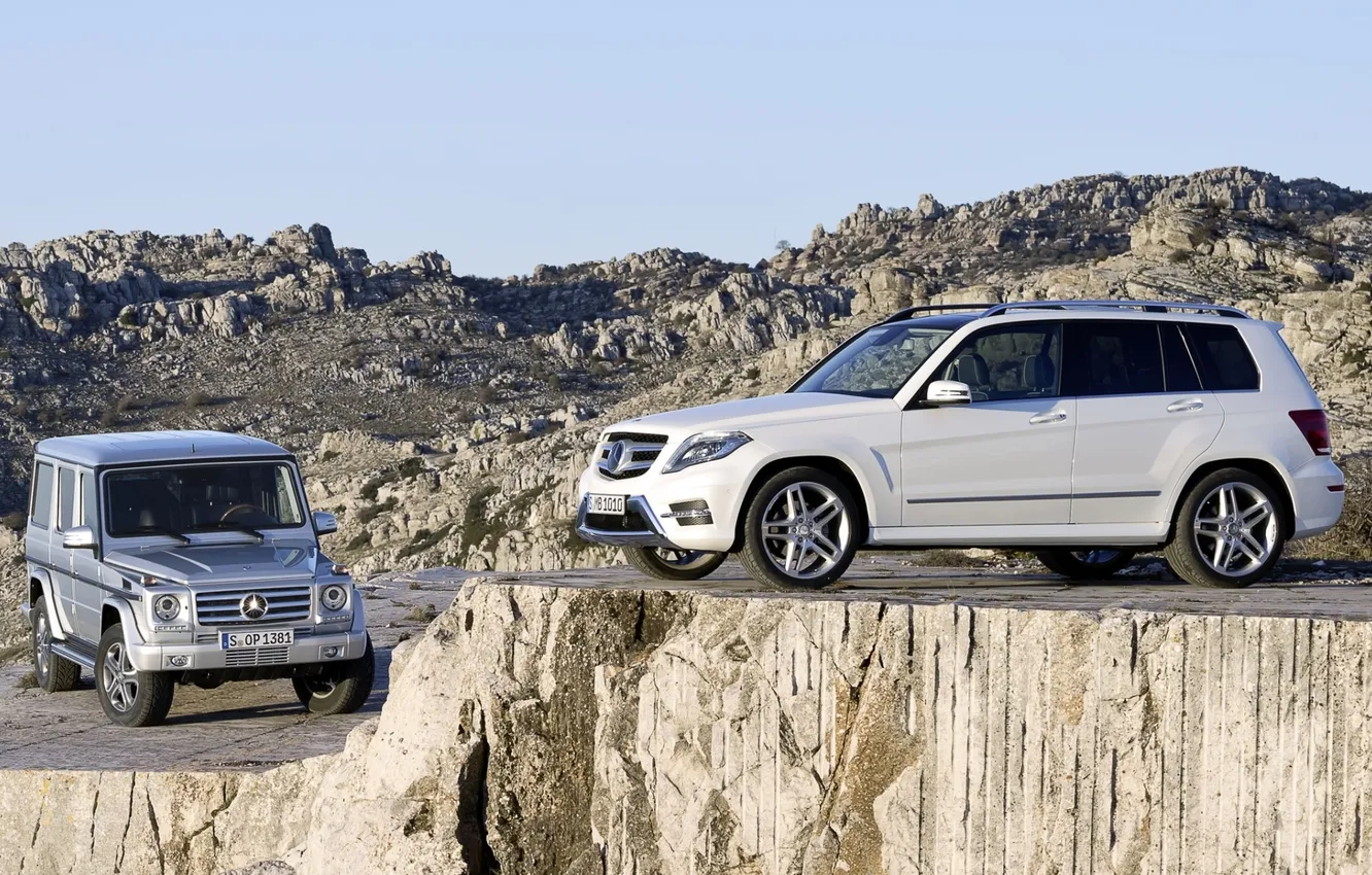 Photo wallpaper white, the sky, rock, Mercedes-Benz, jeep, SUV, Mercedes, GLK