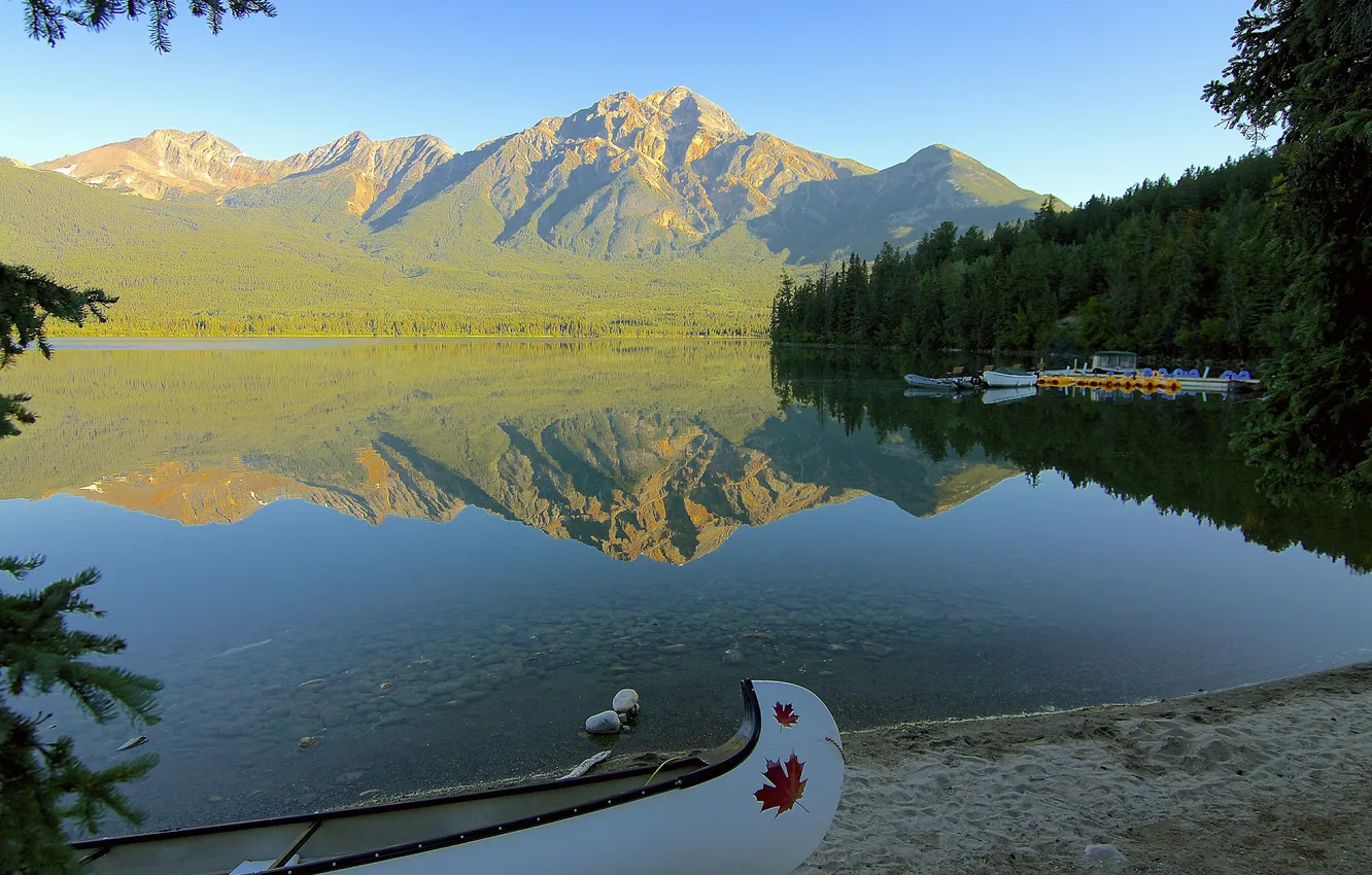 Photo wallpaper the sky, trees, mountains, lake, shore, boat, morning, Canada