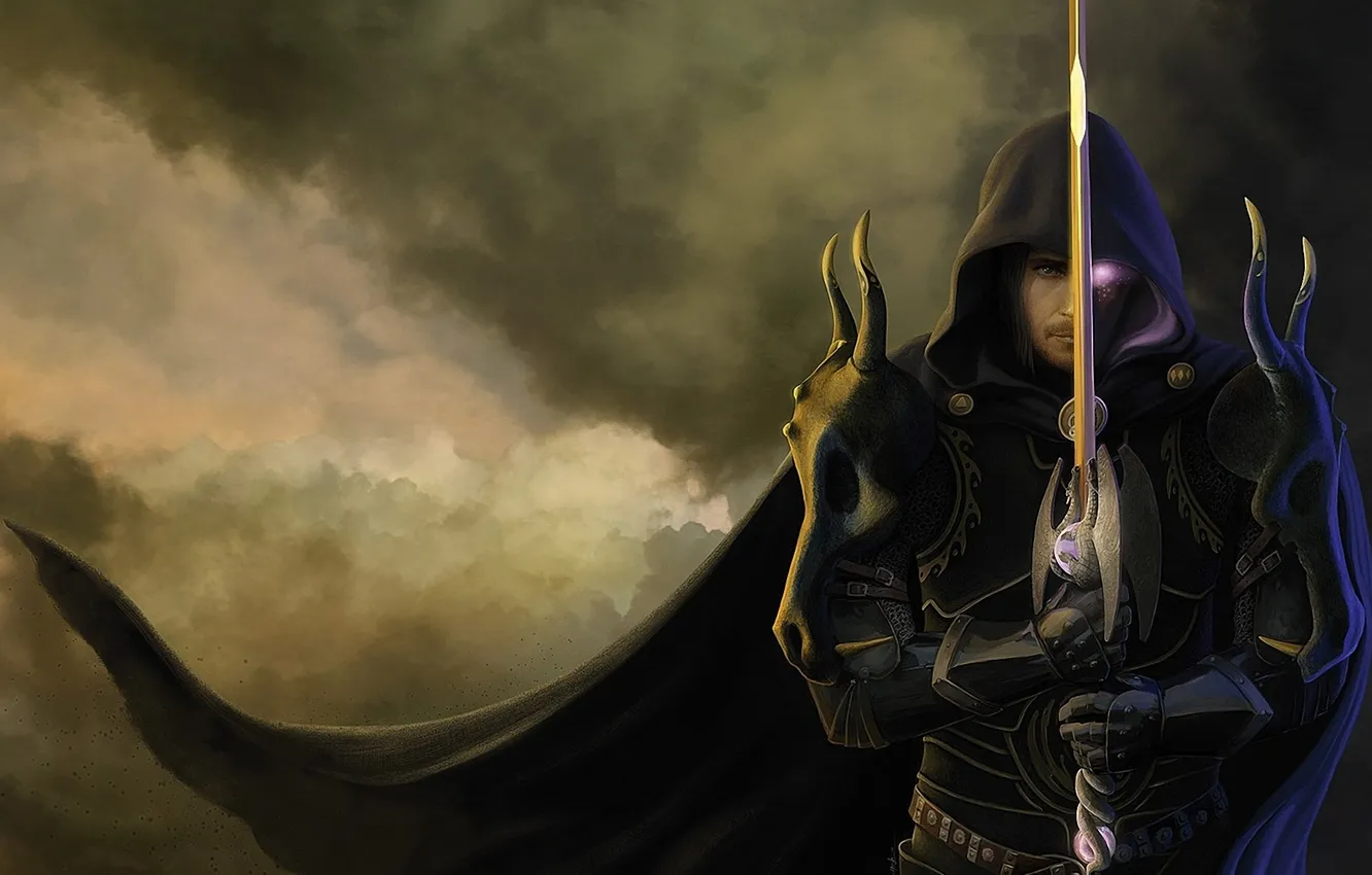Photo wallpaper eyes, weapons, magic, skull, sword, warrior, hood, male