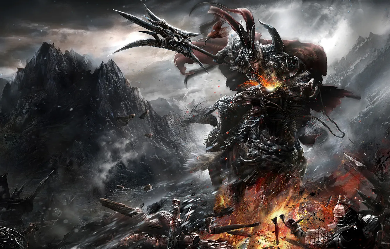 Photo wallpaper the explosion, flame, armor, Warrior, gorge, rider, spear, storm