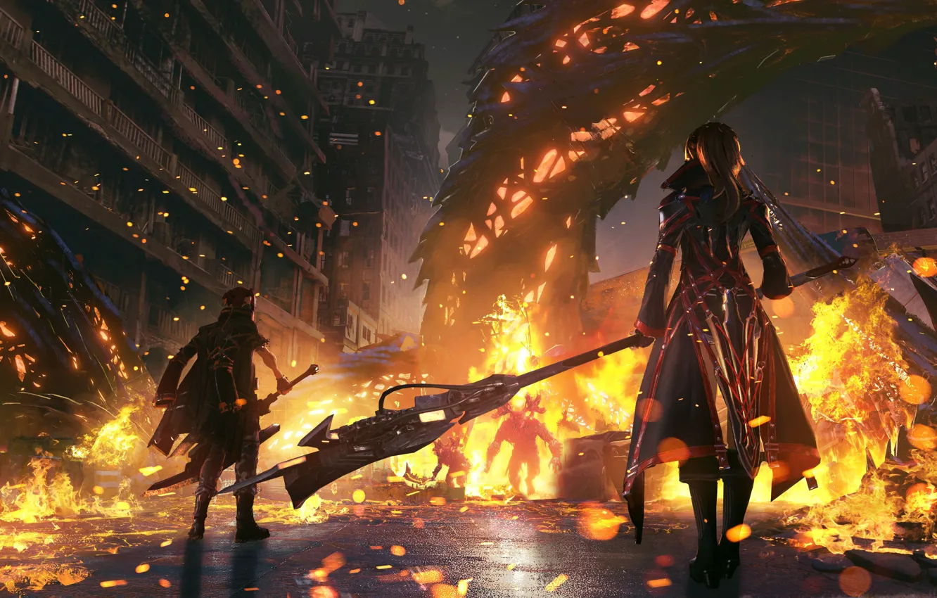 Photo wallpaper the city, lights, fantasy, female protagonist, Code Vein, Yakumo Shinonome