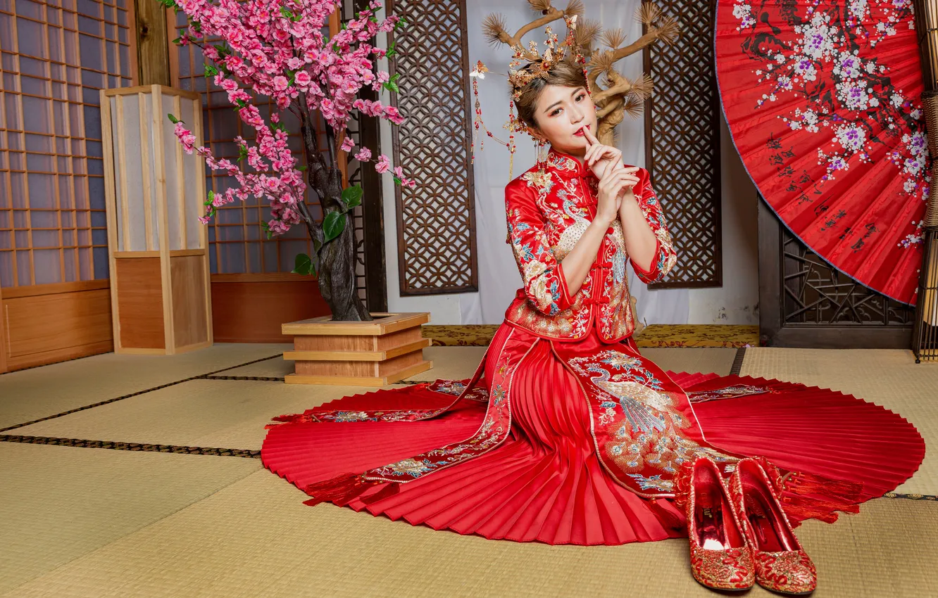 Photo wallpaper girl, dress, shoes, Asian