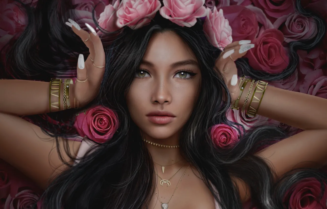 Photo wallpaper girl, roses, piercing, brunette, wreath