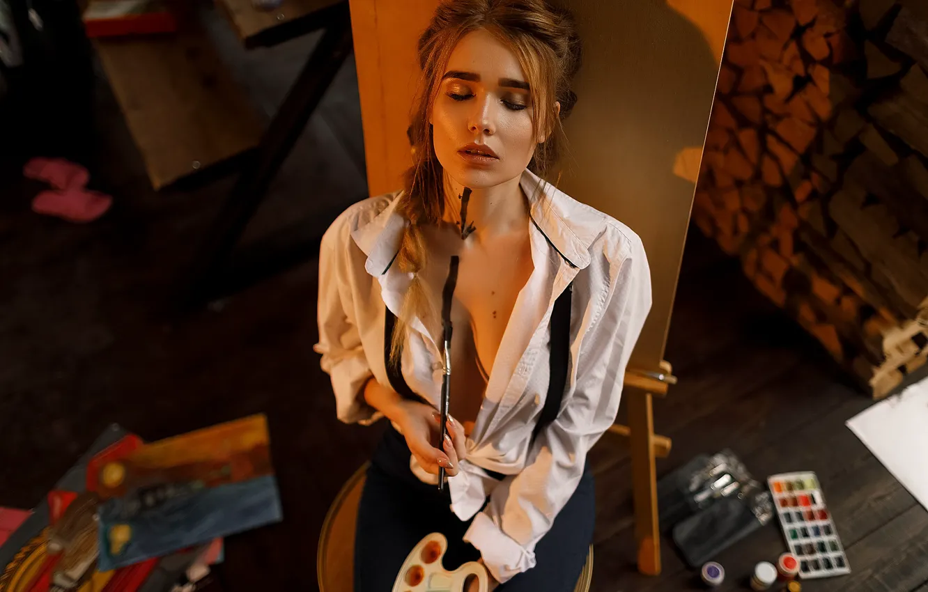 Photo wallpaper girl, paint, brush, Victor Klyuchnikov