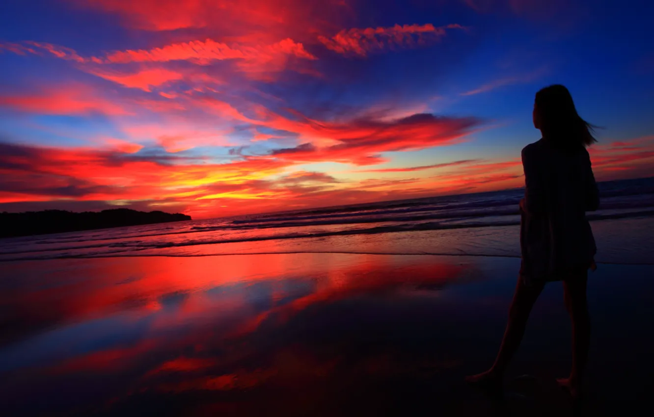 Photo wallpaper sea, the sky, girl, clouds, sunset, silhouette, glow, Goa