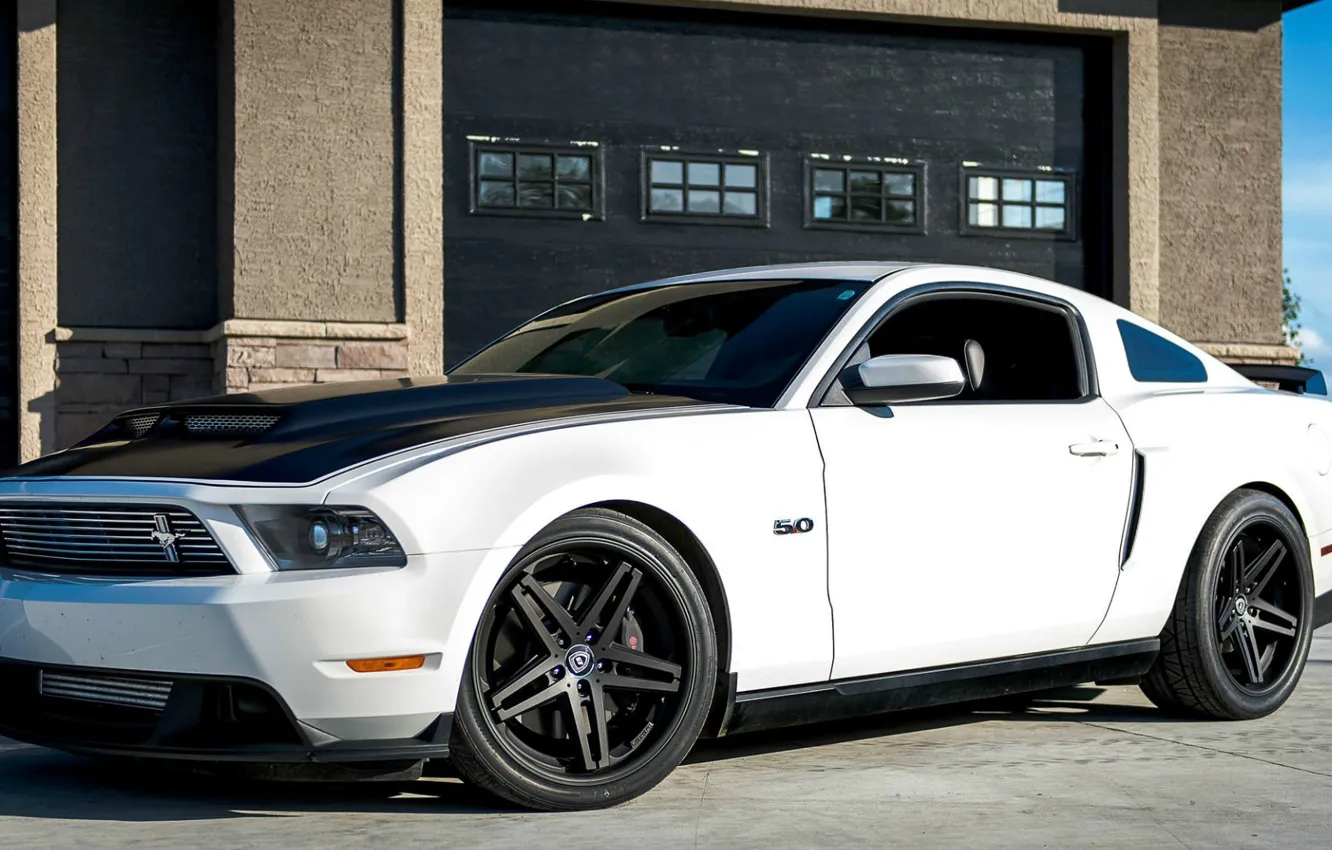 Photo wallpaper car, mustang, ford, ford mustang, tuning, wheel, building, gt 5.0