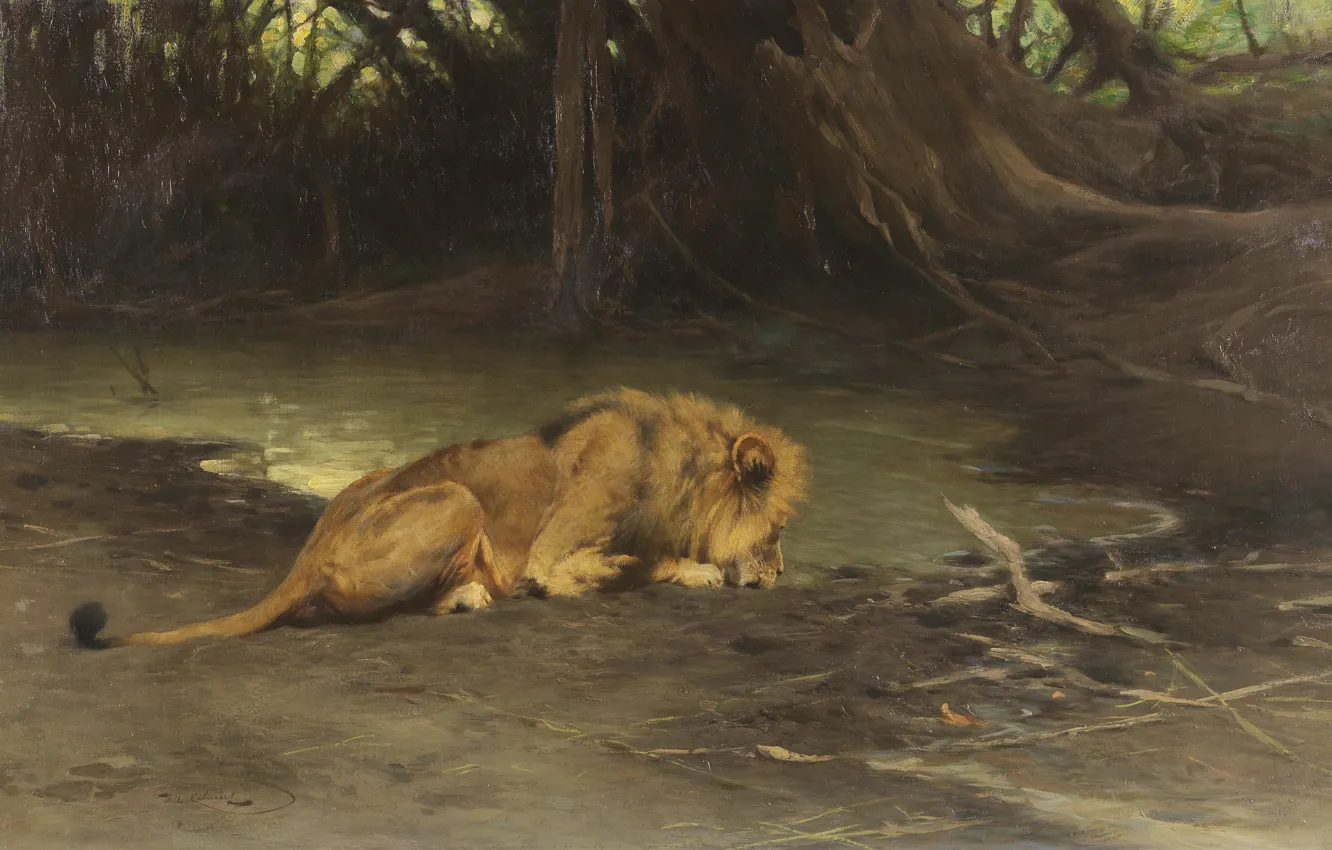 Photo wallpaper German painter, Friedrich Wilhelm Kunert, German painter, Friedrich Wilhelm Kuhnert, Lion at the watering hole, …