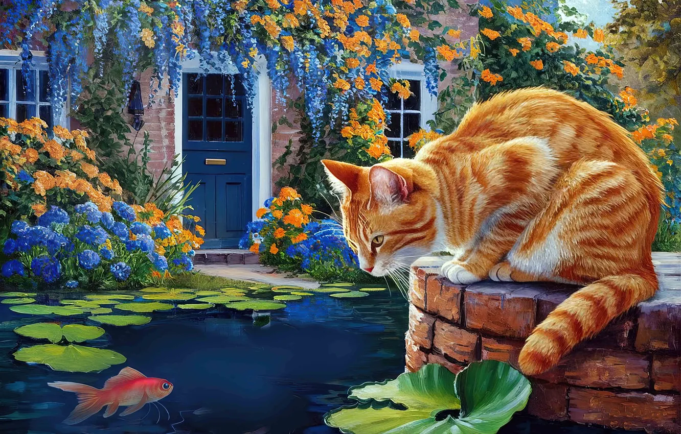 Photo wallpaper cat, summer, cat, look, leaves, fish, flowers, pose