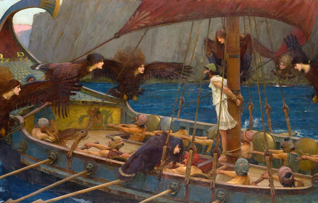 Photo wallpaper ship, picture, male, John William Waterhouse, John William Waterhouse, siren, rowers, English artist