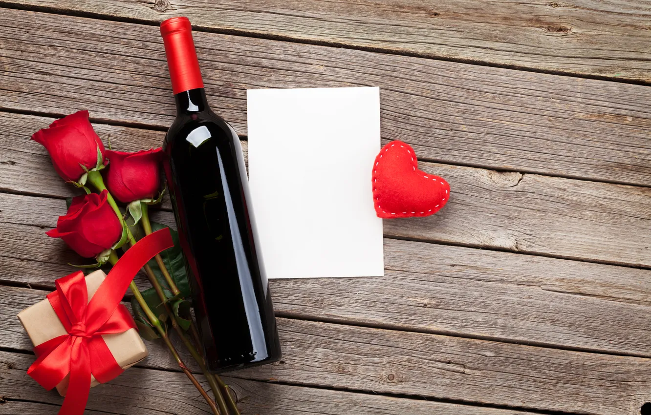 Photo wallpaper love, flowers, gift, wine, romance, bottle, roses, petals