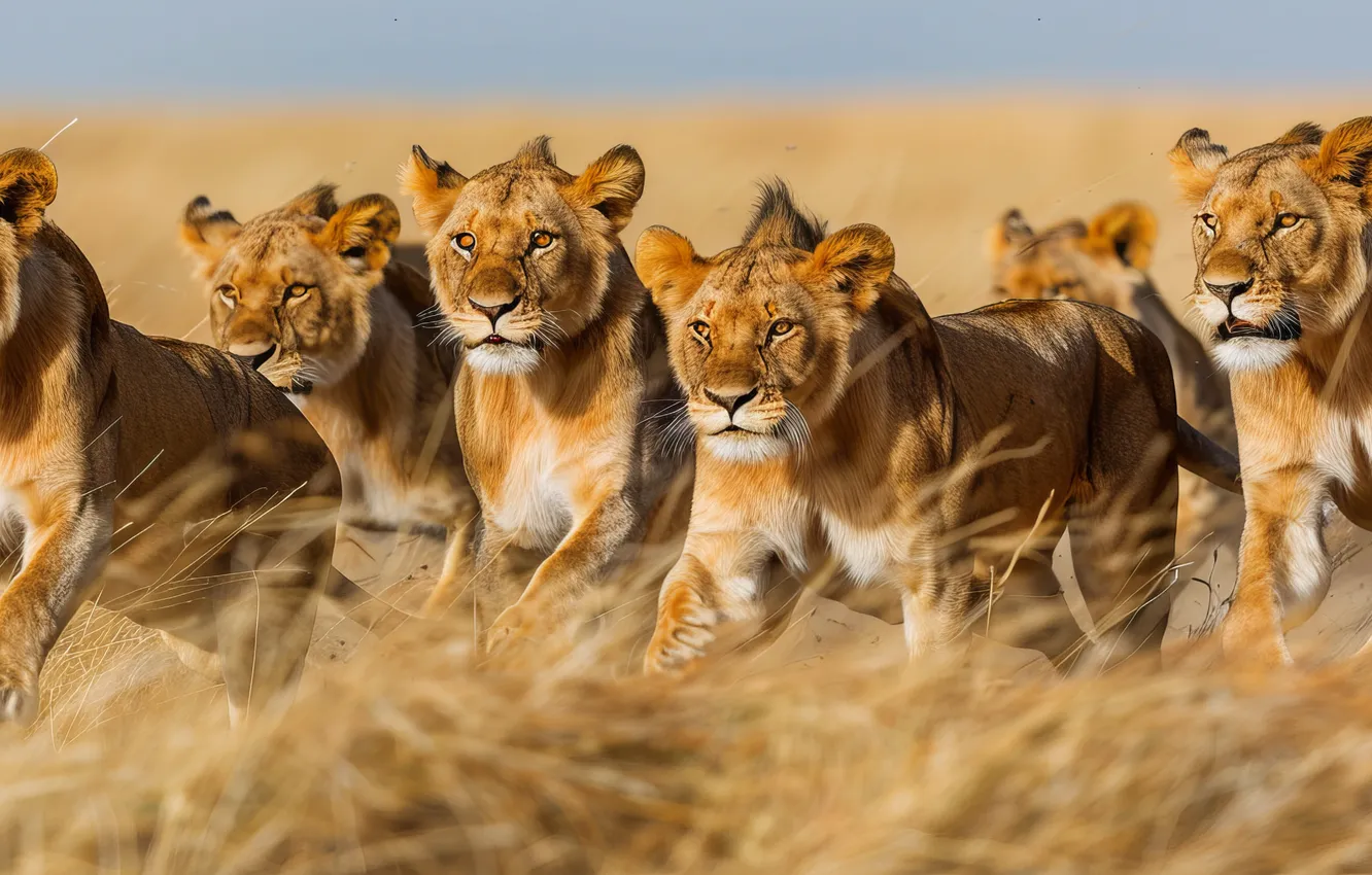 Photo wallpaper Grass, Look, Digital art, Lioness, Big Cats, AI art, The Art of Artificial Intelligence, Neural …