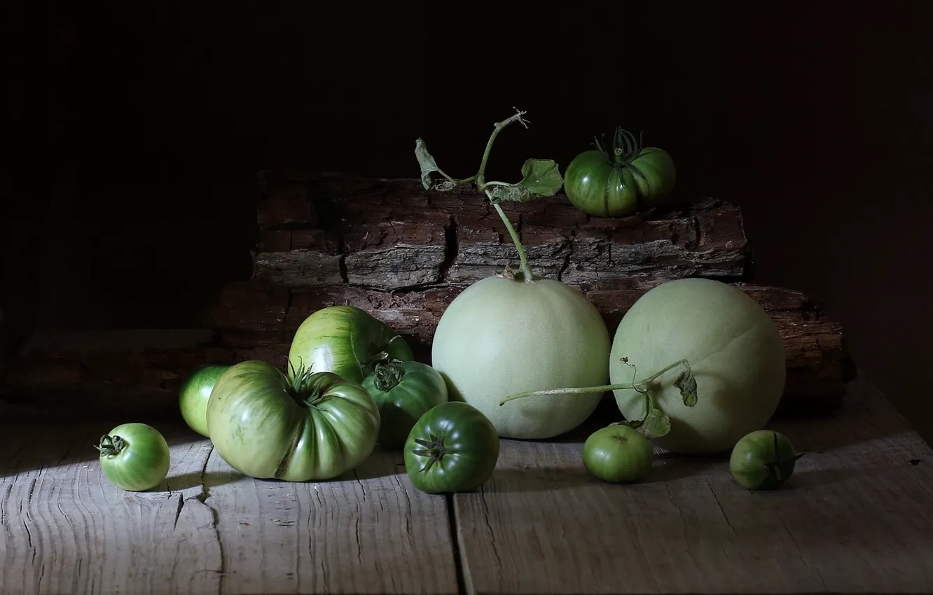 Photo wallpaper green, table, Board, pumpkin, bark, still life, tomatoes, melon