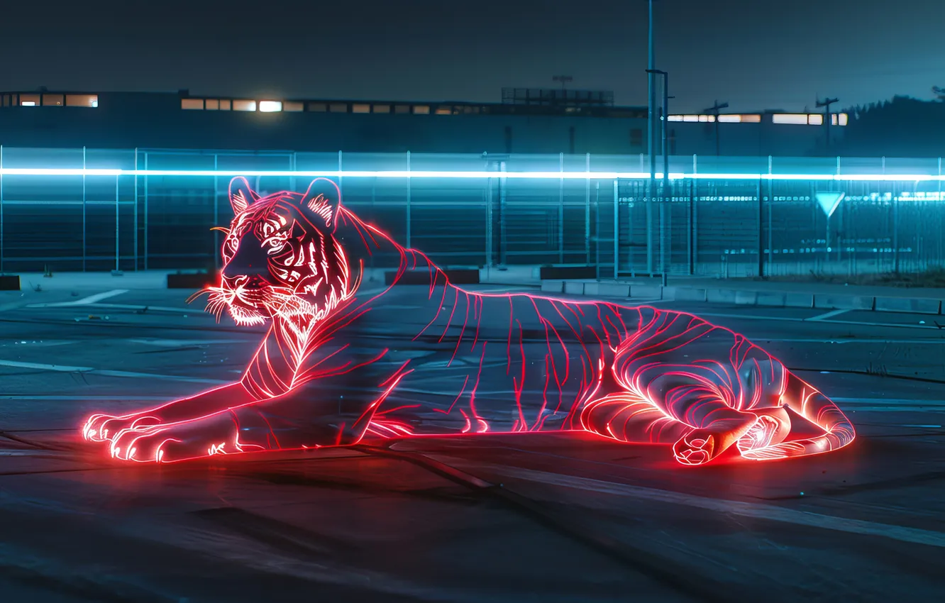 Photo wallpaper tiger, Neon, hologram