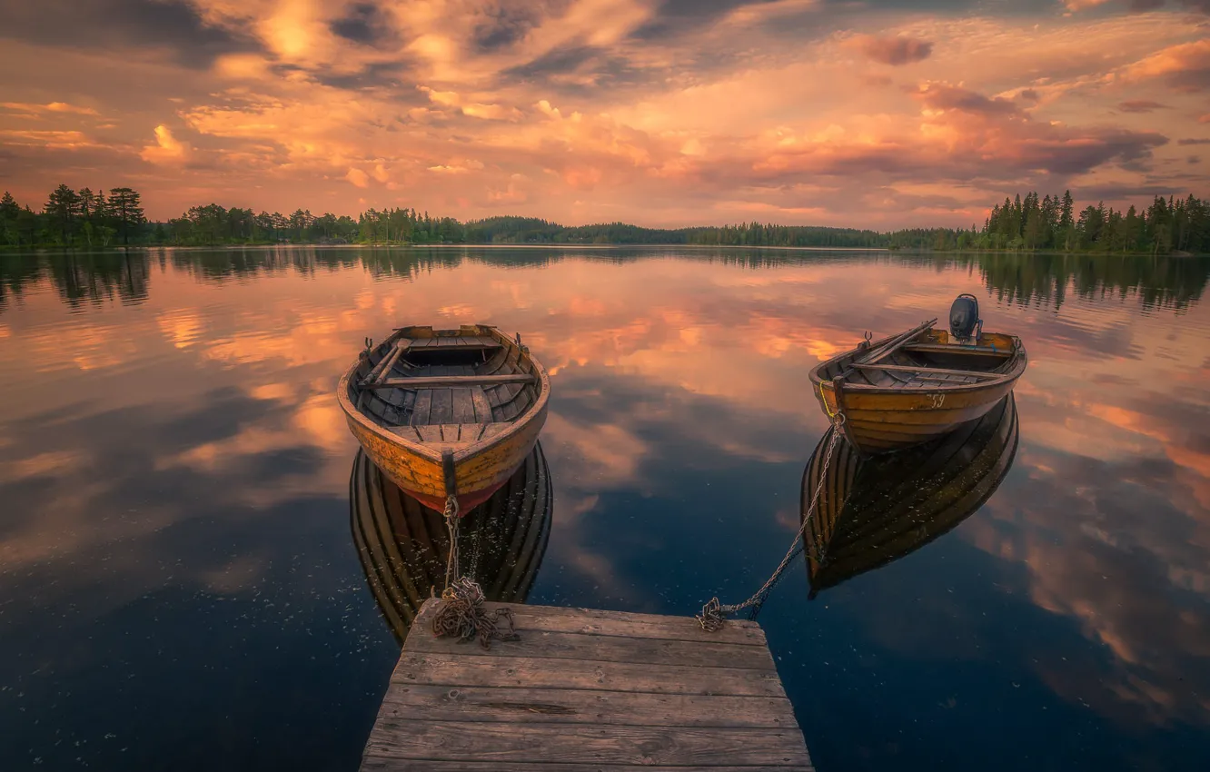 Photo wallpaper lake, boat, pier, Norway, ☁