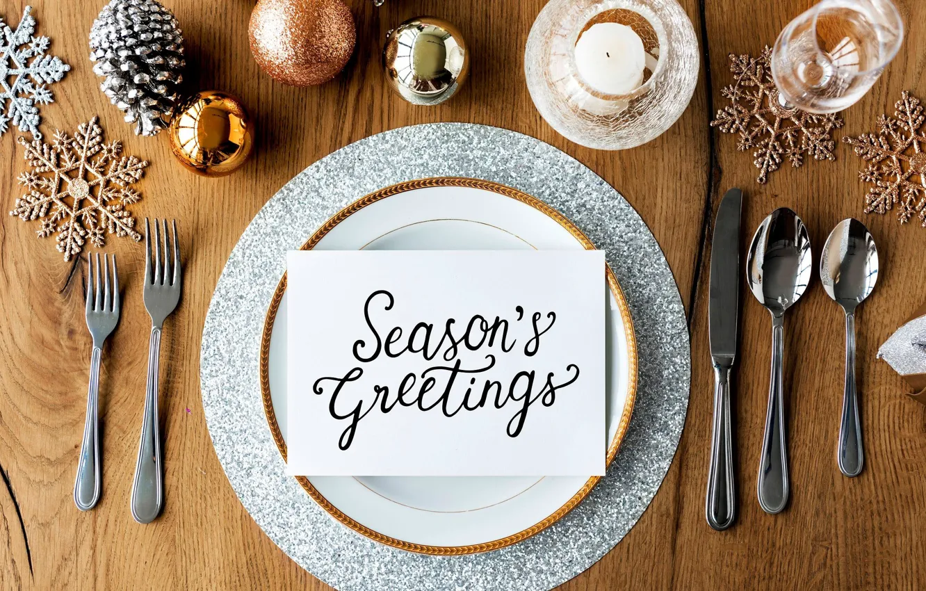 Photo wallpaper snowflakes, the inscription, candles, plate, bumps, Christmas decorations, postcard, Cutlery