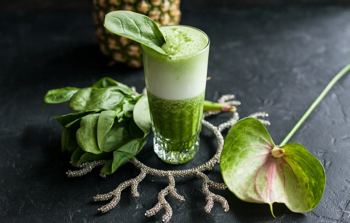Photo wallpaper greens, flowers, glass, juice, drink, smoothies, spinach