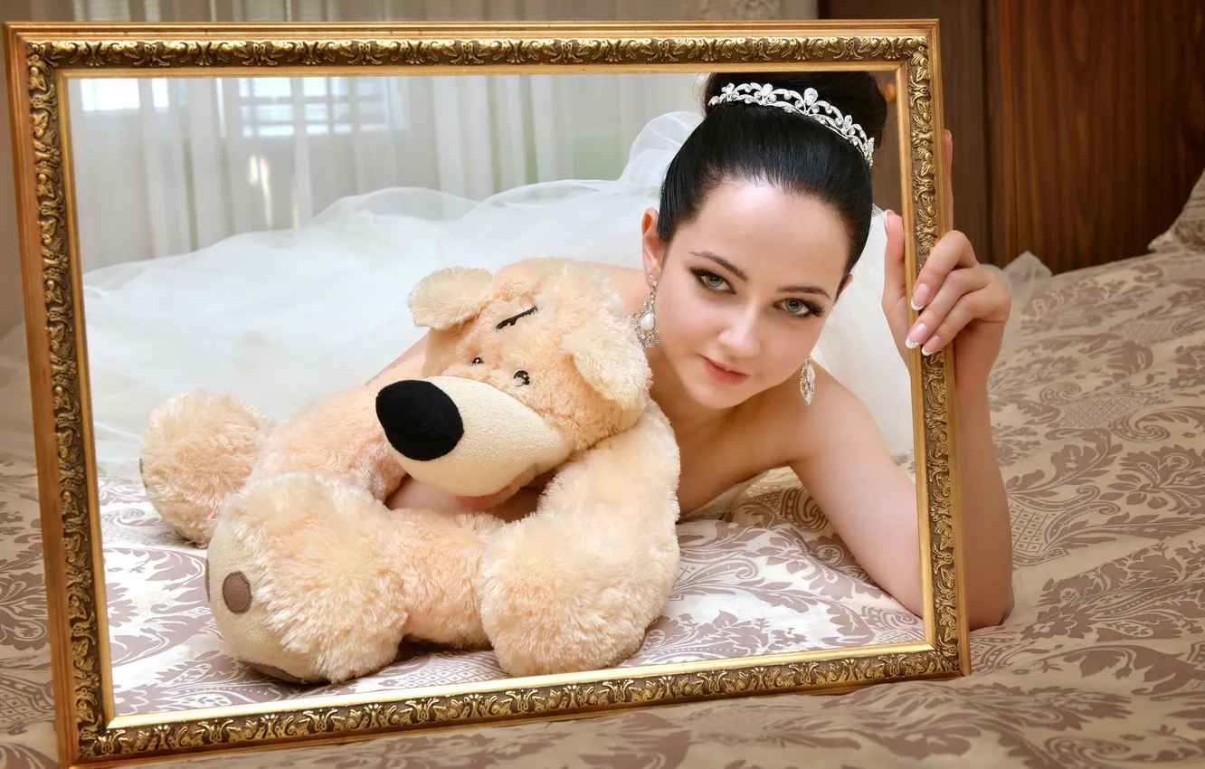 Photo wallpaper look, smile, toy, frame, the bride, Diadema, wedding, lying