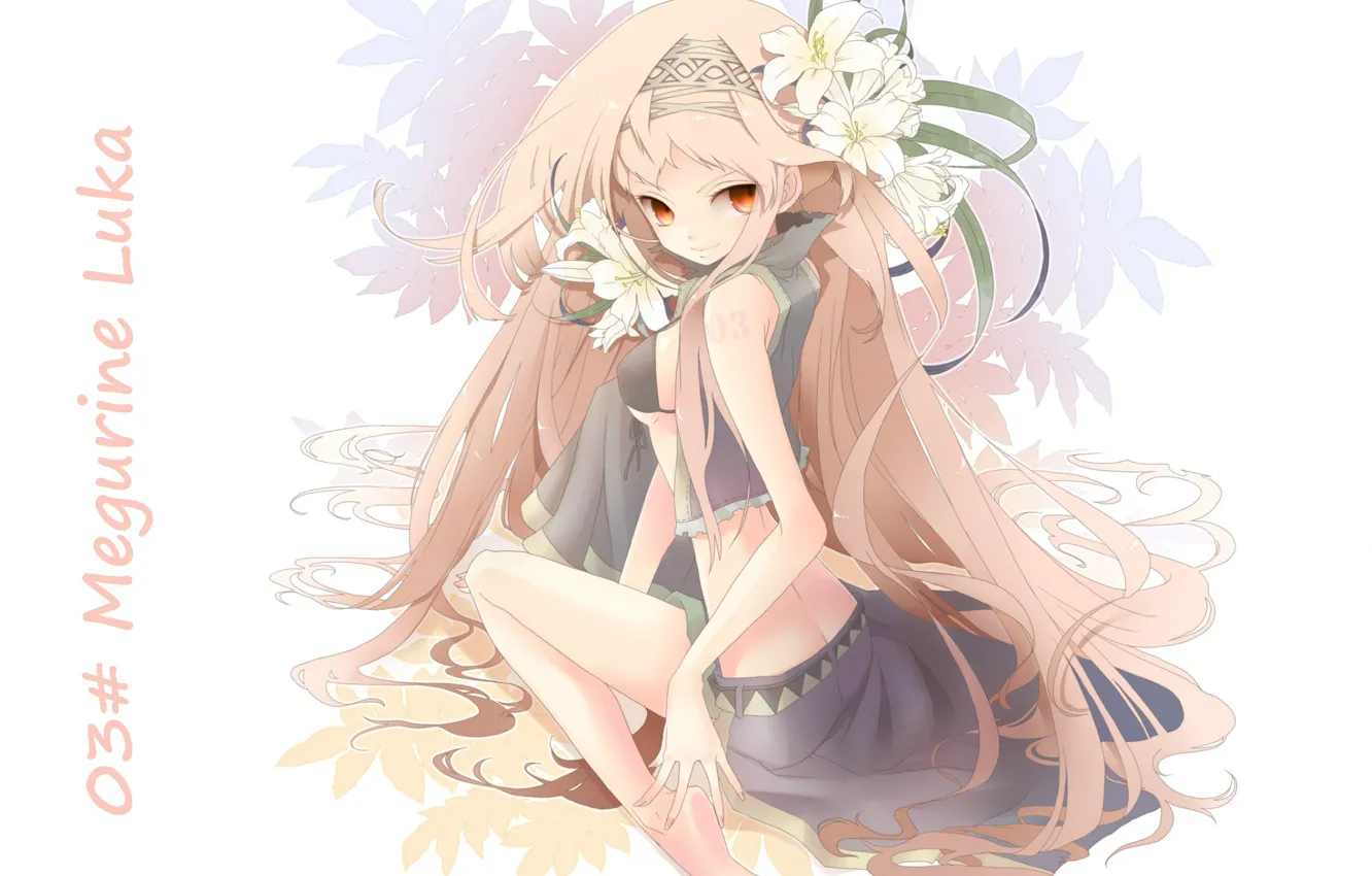 Photo wallpaper leaves, vocaloid, Vocaloid, pink hair, white lilies, Megurine Luka, flower in hair, sideways