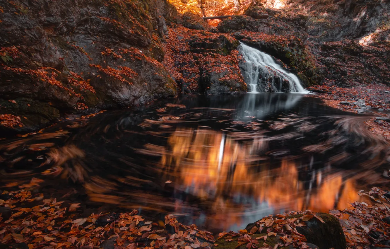 Photo wallpaper autumn, light, reflection, stones, rocks, shore, foliage, waterfall